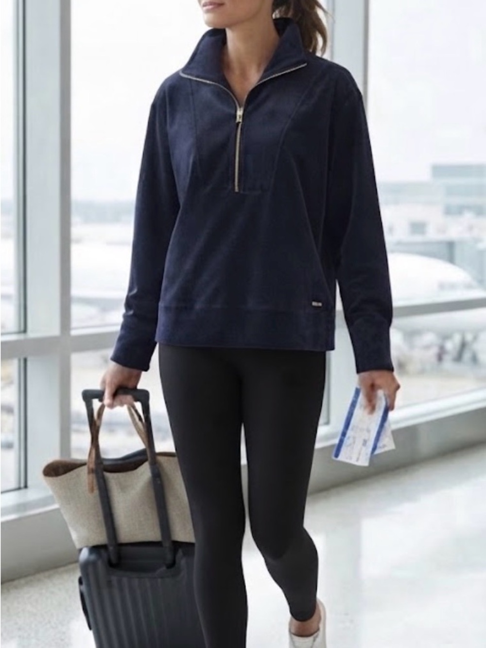 Halston Blue Velour Corduroy Texture 1/4 Zip Pullover Sweatshirt Gold Accents